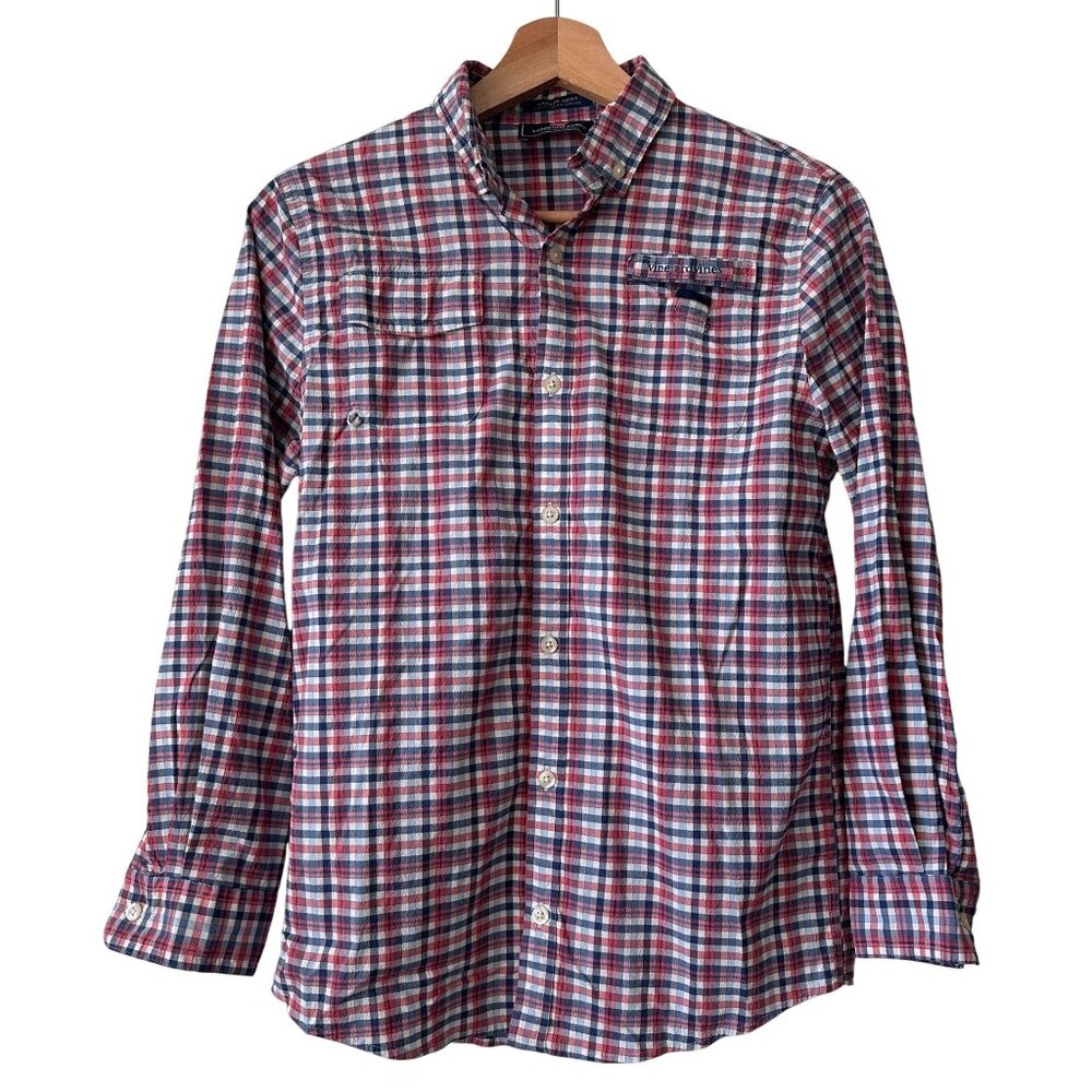 Vineyard Vines Boy's Crescent Bay Harbor Shirt Red/Blue Plaid Performance Medium